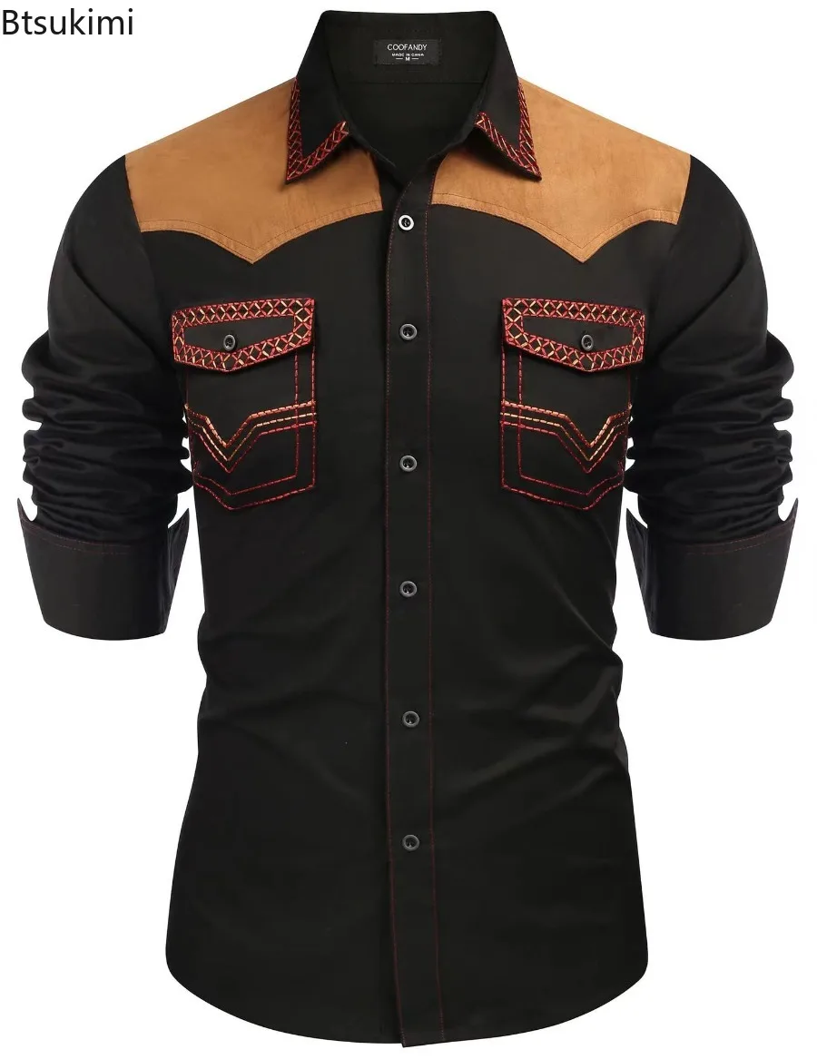 2026 Men's Spring Autumn Western Cowboy Style Shirt Tops Lapel Long Sleeve Splicing Tops Casual and Fashionable Men's Clothing