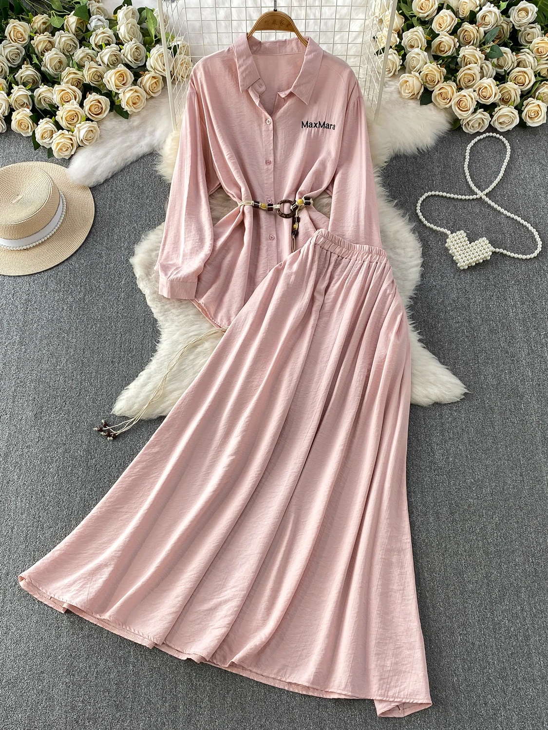 Elegant Belted Long Coat High Waist Skirt Two-Piece Set Casual Summer Outfit Slimming Effect Midi Length Turn-down Collar