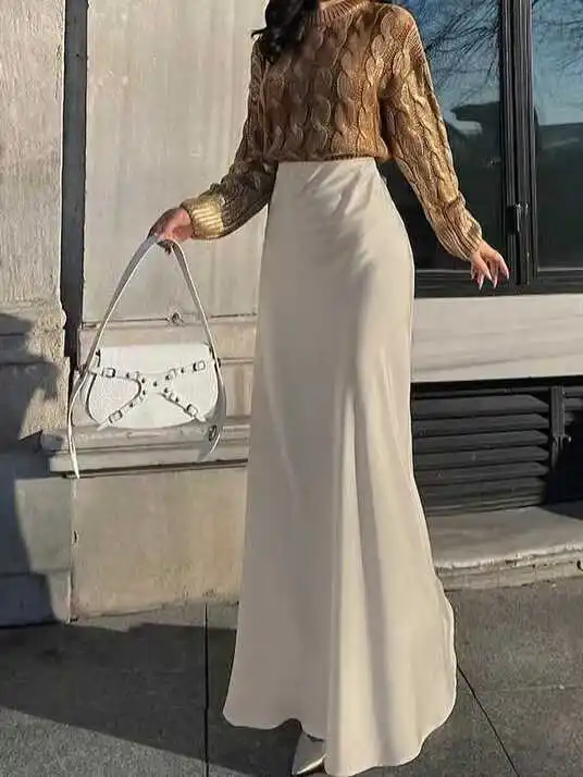 Ele hoge taille satijnen rok Faionable Midi rok Sexy Sle A-lijn silhouet kleur Pure Ele hoge taille rok