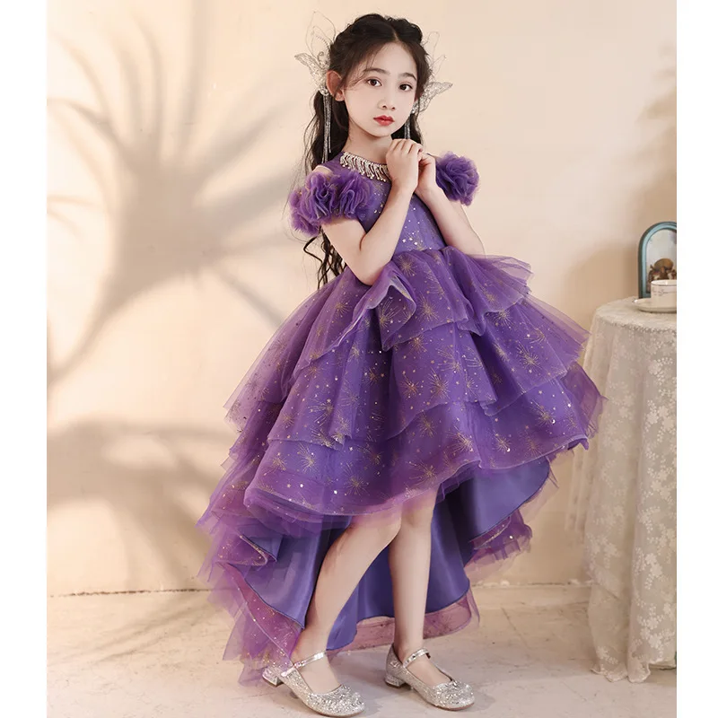 

2024 Elegant Girls Sequin Dress Ball Performance Girl Dresses Purple Fashion Evening Frocks Round Neck Children Party Clothing