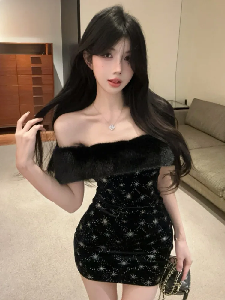 

Korean Style One Shoulder Removable Fur Collar Tube Top Dress Women's Slim Fit Velvet Short Skirt Pure Desirable Sexy Skirt