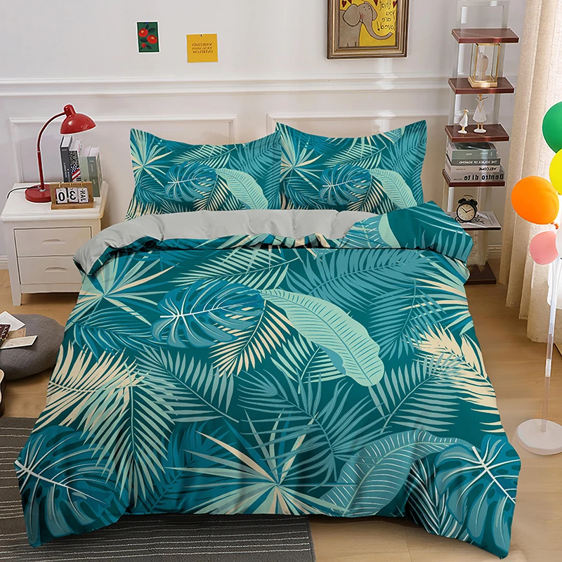 

Tropical Botanical Leaves King Queen Duvet Cover Green Palm Leaves Polyester Bedding Set For Kids Teens Adults With Pillowcase