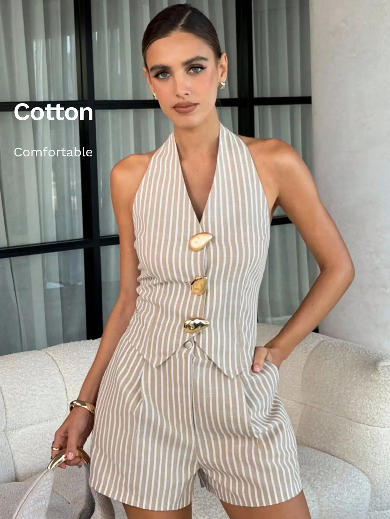 Lavishia 2-teiliges Damen-Set mit gestreiftem Crop-Top mit Metallverzierung und Shorts im lässigen Stil