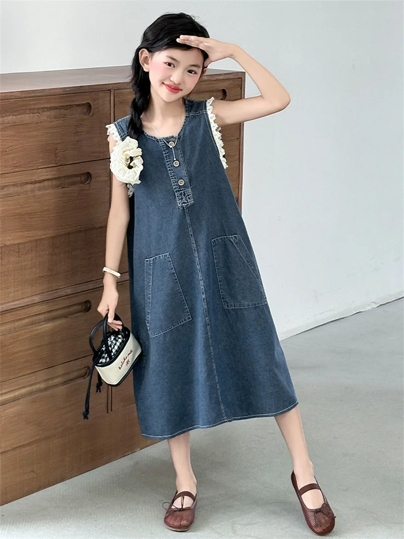 Children Summer Dresses 2026 New Trendy Denim Sundresses Older Girls Fashionable Lace Trim Dresses 5-14 Years