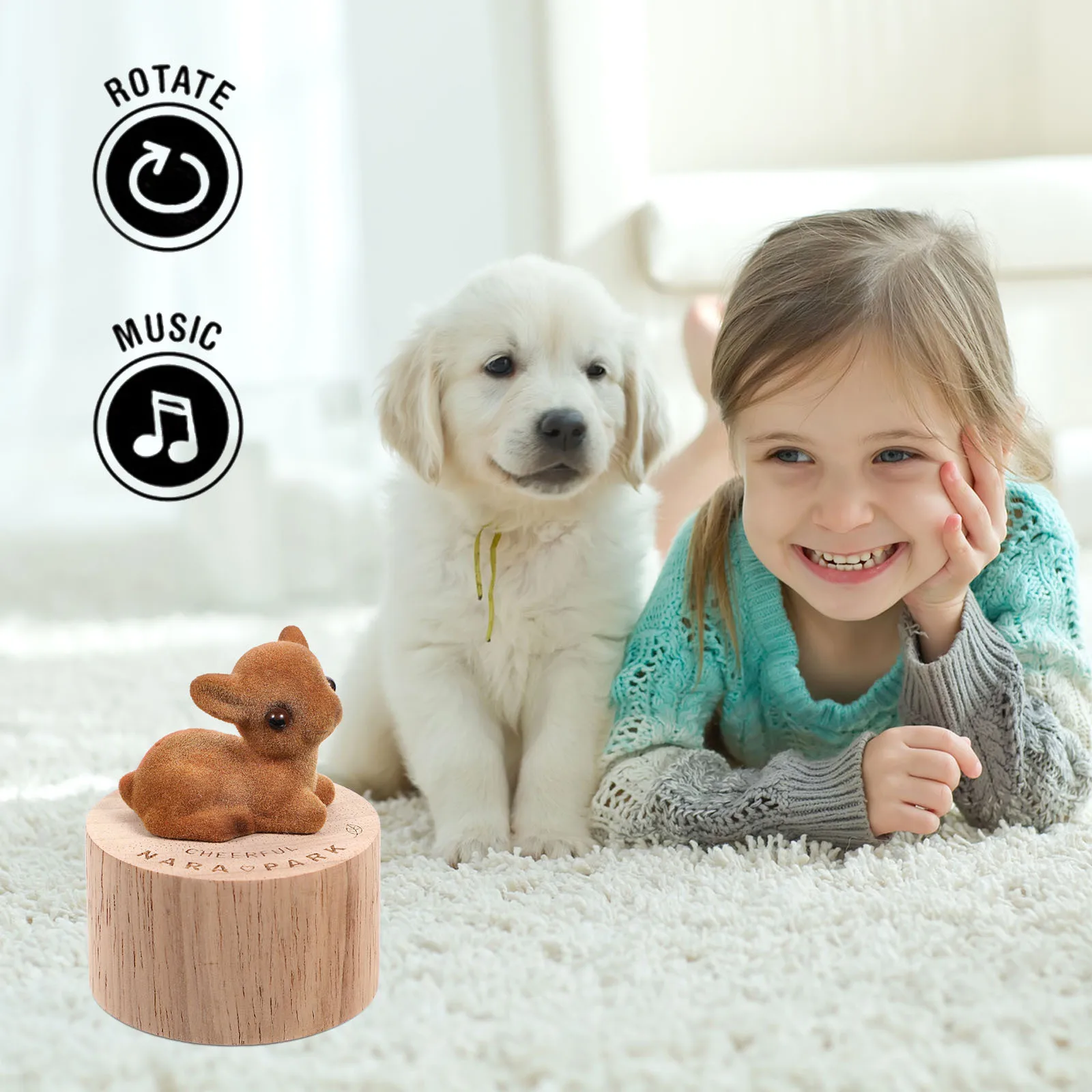 

1Pcs Wooden Music Box Cartoon Deer Shape Rotating Melody Box Desktop Ornament Creative Gift Animal Model Music Toy