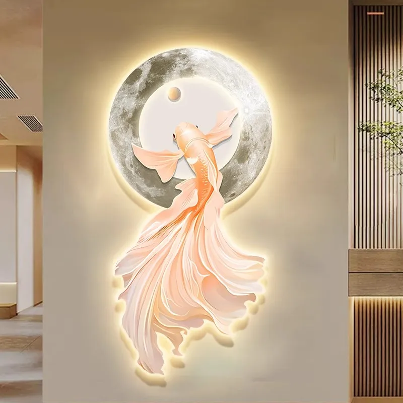 

Luxury Home fish Metal Lamp with LED Luminescent 3D Mural Acrylic Diamond 3D Decorative Wall Art Hanging Home Decor