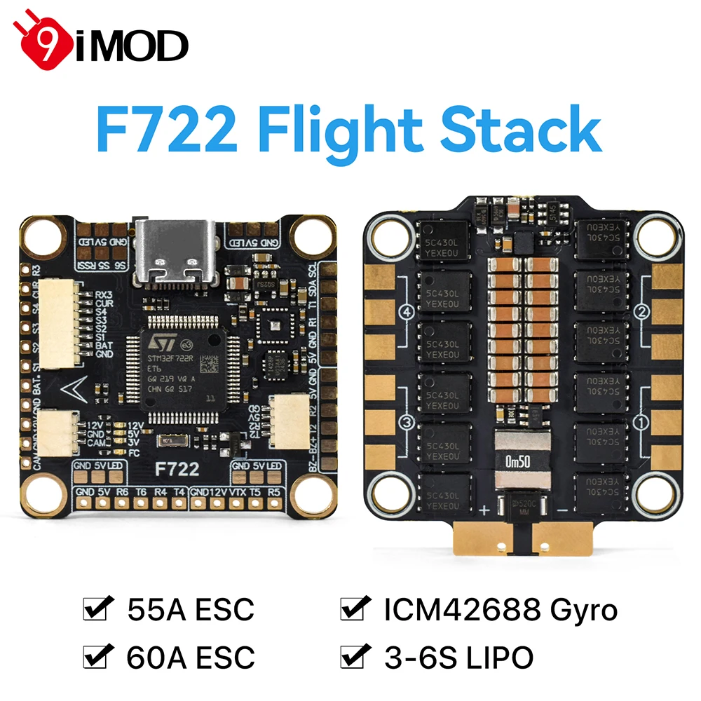 

9IMOD F722 Flight Stack F722 Flight Control 55A/60A ESC 3-6S Lipo 30.5x30.5mm ICM42688 Gyro For Remote Control FPV Racing Drone