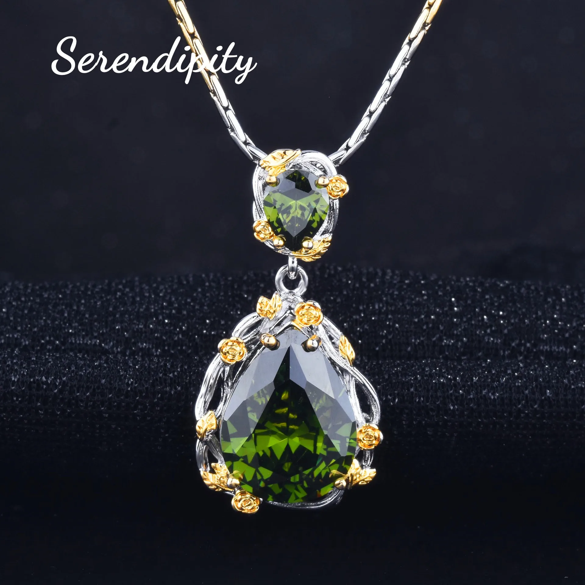 Foydjew Vintage Noble Style Jewelry Sets Simulation Olivine Green Stone Pendant Necklaces Long Drop Earrings Rings Banquet Set