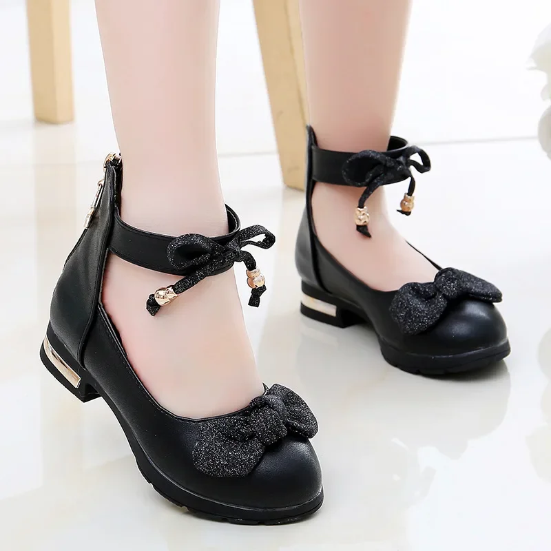 Girls Leather Shoes Low Heel Princess Dress Shoes for Wedding Fashion Bowknot High Top Kids Shoes Soft Sole Comfort Single Shoes