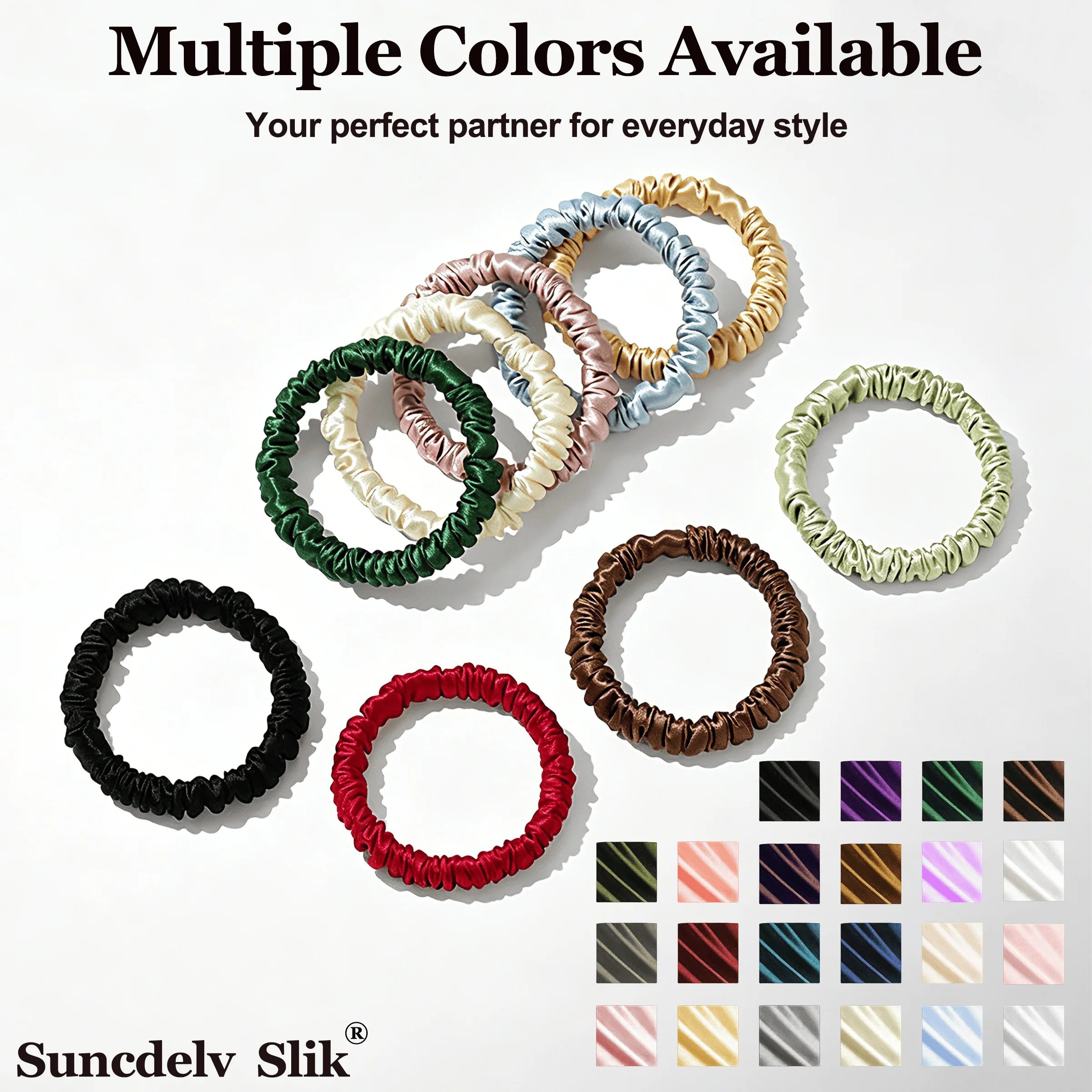 2PCS/Set 100% Pure Silk Skinny Hair Scrunchies. Anti-Damage | Silk Hair Ties | Assorted-Color Box Set | All Hair Types.