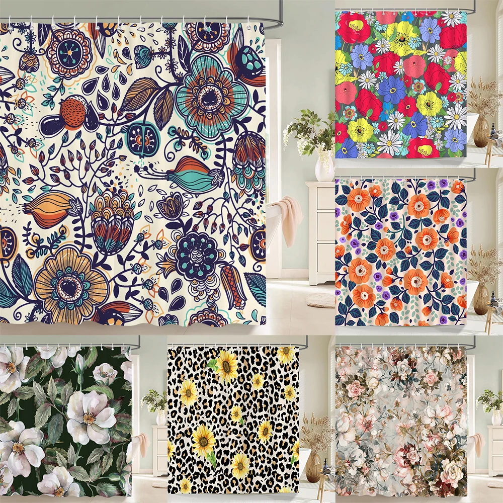 

Flowers Bathroom Curtain With Hooks 3d Shower Curtains Waterproof Print 180x240cm Polyester Cloth Bath Home Decoration Screen