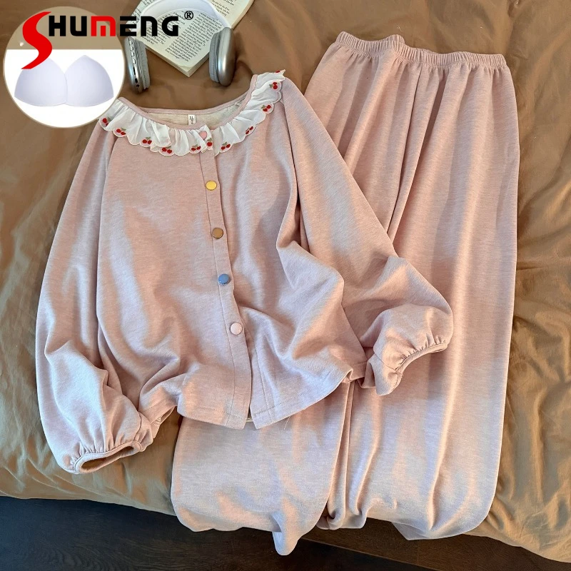 

Женские пижамы с подушечками на груди, осенне-зимний розовый кружевной комплект одежды для сна с круглым вырезом, женский теплый домашний костюм из чистого хлопка