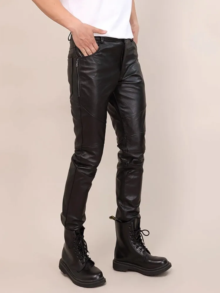 Autumn Men 100% Goatskin Motorcycle Biker Riding Pants Punk Style Slim Fit Genuine Leather Pencil Pants Windproof Long Trousers