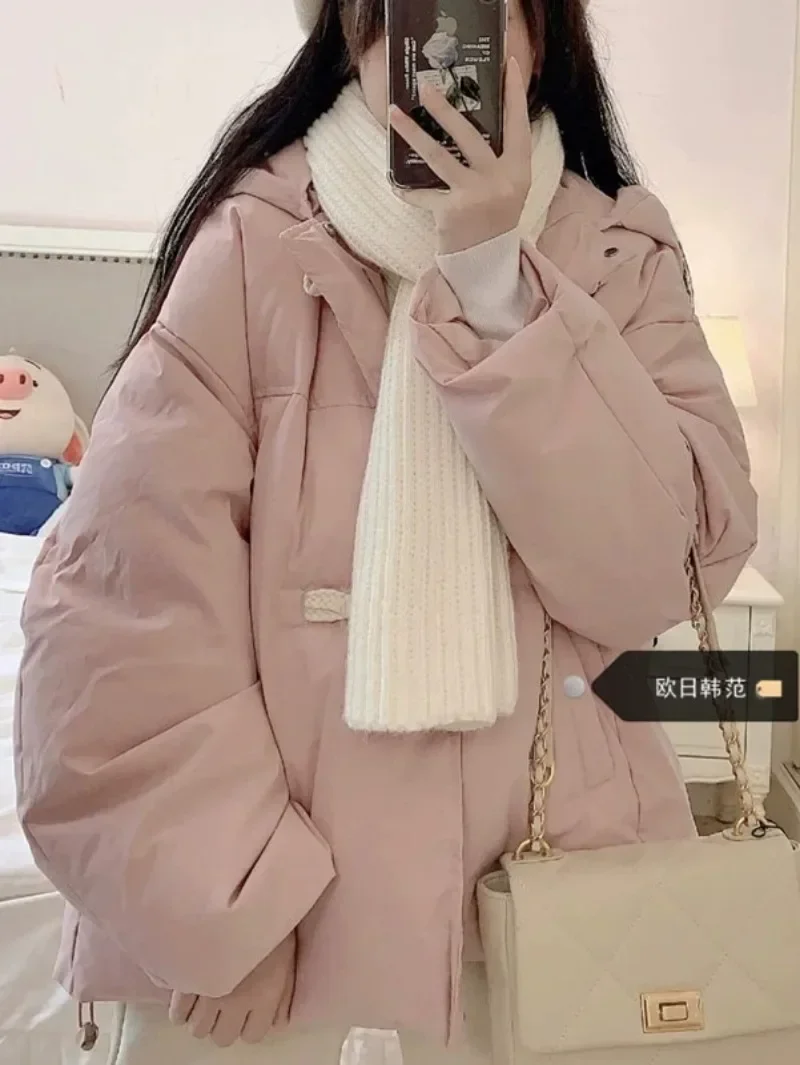 Women Pink Horn Button Hooded Parkas Autumn Winter Chic Loose Casual Hooded Puffer Jacket New Single Breasted Coats Warm Clothes