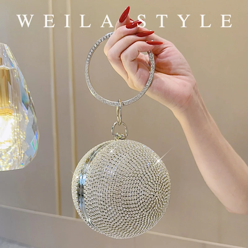 

Luxury Diamond Mini Round Clutch, Elegant Handle Evening Bag for Women, Bride Bridesmaid Wedding Party Handbag