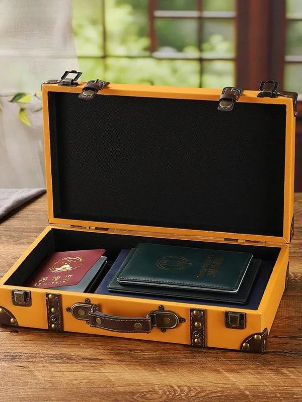 Retro Wooden Storage Box Travel Photography Props Handheld Sorting Case Vintage Leather Suitcase European Style Organizer Box