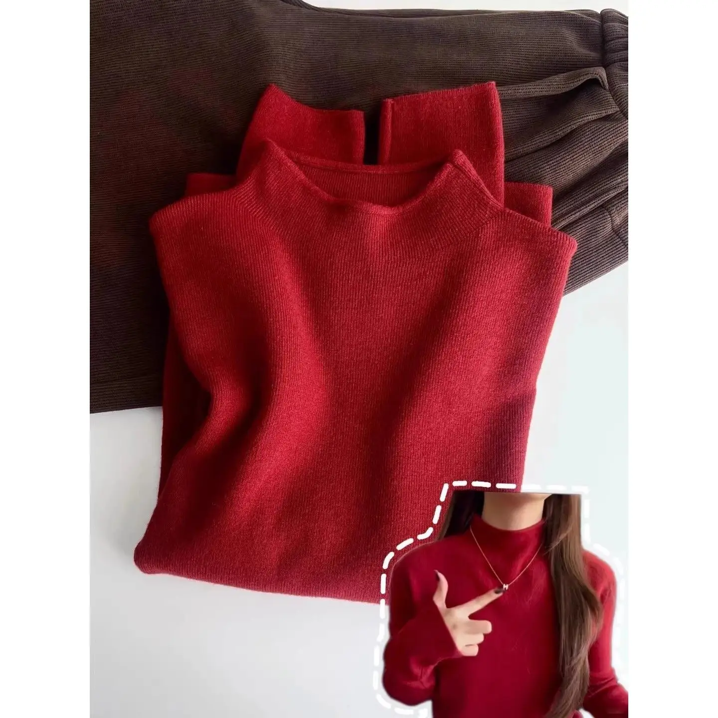 Red Knitted Sweater Women's Layering Small Stand Collar Christmas New Year Good Luck Knitwear Comfortable Winter Long Sleeve Top