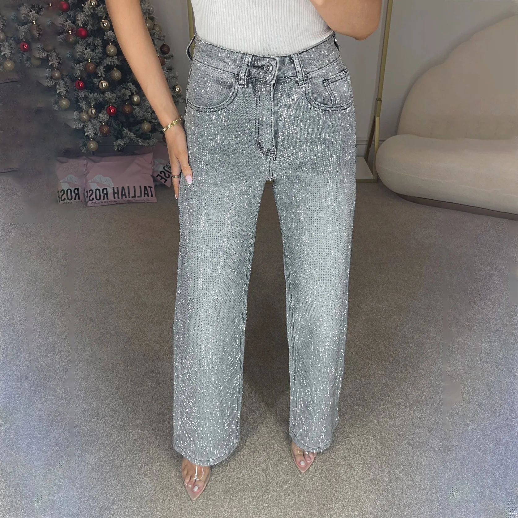 

Loose high waist straight jeans women street style full diamond design spring summer versatile denim pants