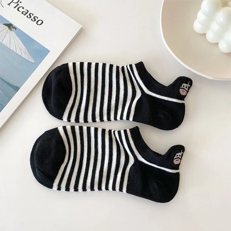 5 Pairs Women Socks Four Seasons Cow Print Cartoon Sock Harajuku Cotton Short Socks Striped Solid Comfortable Casual Ankle Socks