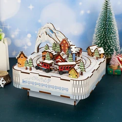 DIY Wooden Snow Country Train Music Box City Street View 3D Puzzles Model Building Kits Toys for Children Christmas Gifts