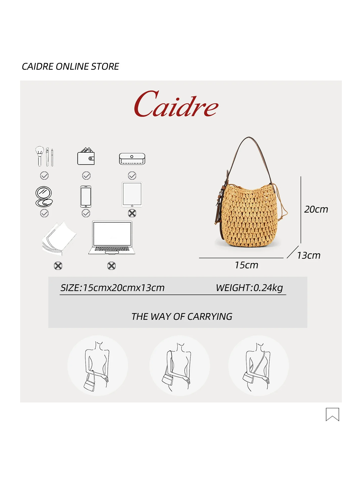 Caidre Laffite Straw Woven Basket Bag Women's Summer 2026 New Holiday Handbag Shoulder Crossbody Bucket Bag Pure Color