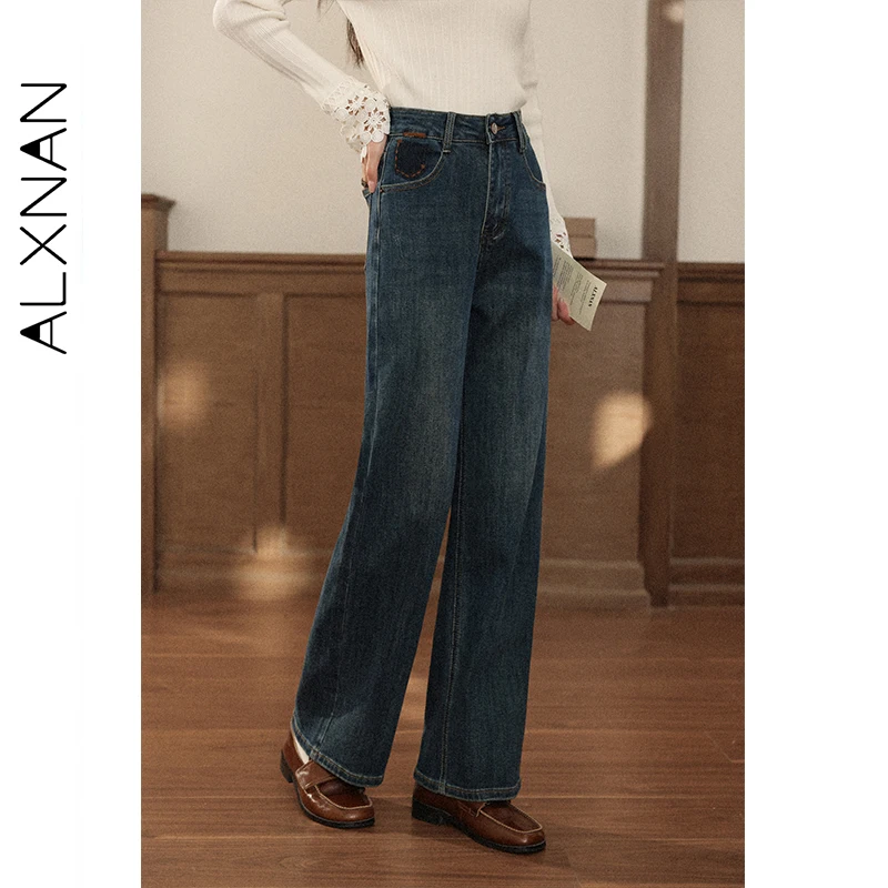 

ALXNAN 2025 Trend Women's Blue Vintage High-waist Wide-leg Straight Cotton Denim Jeans Casual Drape Baggy Pants L57588