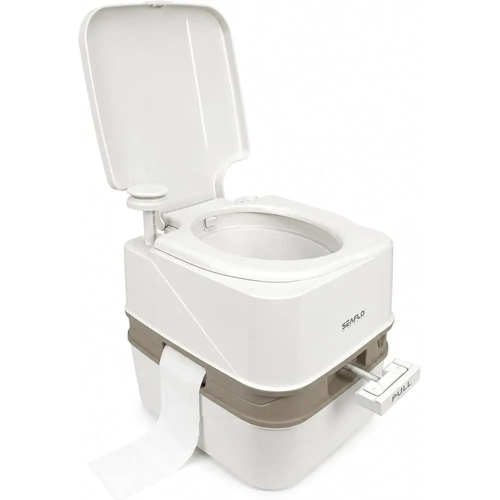 Premium Camping Portable Toilet - 5.8 Gallon Waste 3.43 Gall Fresh Tank (100 Flushes), 440 lbs Max Weight, Level Indicator, Seal
