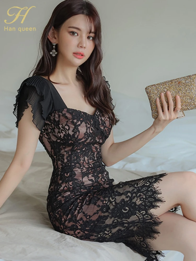 H Han Queen Hot Sales Women Vestidos Elegant  OL Work Dress Simple Slim Bodycon Lace Dresses Korean Occupation Pencil Dresses