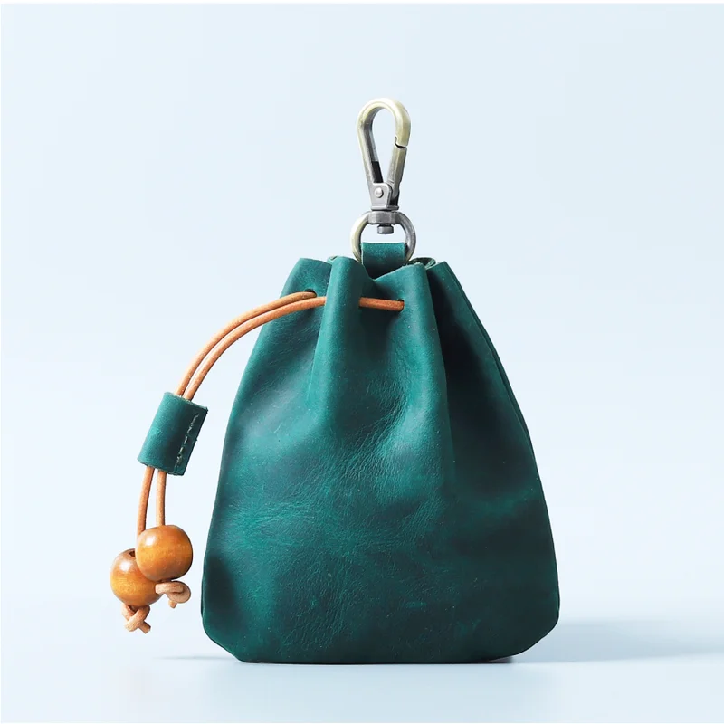 Genuine Leather Coin Purse Men Women Coin Wallet Crazy Horse Leather Vintage Money Pocket Drawstring Storage Bag Card Holder