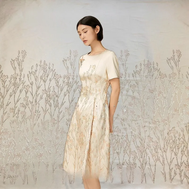 

Champagne Metal Wire Jacquard Positioning Fabric Formal Dress Brocade Fashion Fabrics for Diy Sewing Clothing Cloth