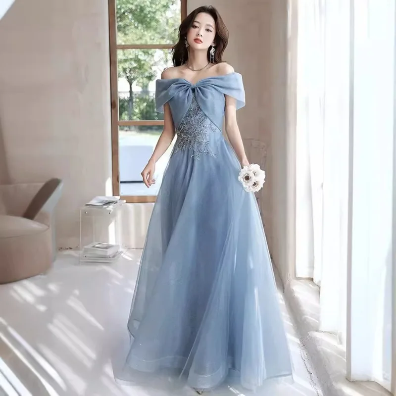 2025 Women's Summer New One Shoulder Blue Strap Bow Glitter Mesh Evening Dress Fashion Banquet Host Art Exam Dress