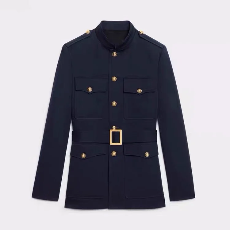 Slim Fit Jacket with Belt Vintage Stand Collar Multiple Pockets Gold Button Early Autumn New Style Cool Workwear Windbreaker