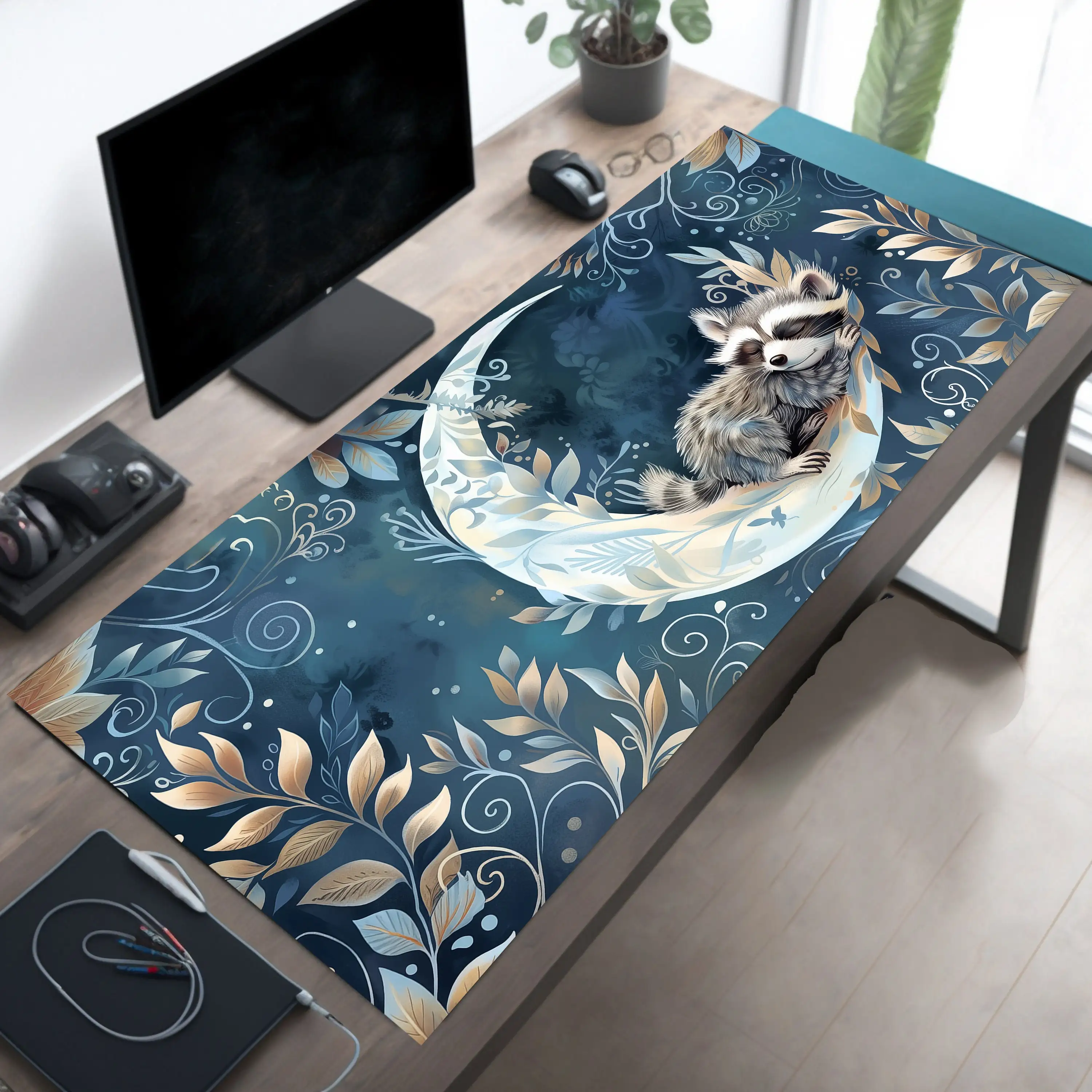 Cute little raccoon sleeping on the moon, cute gaming desk pad mouse pad XL, gift for daughter, desk decoration