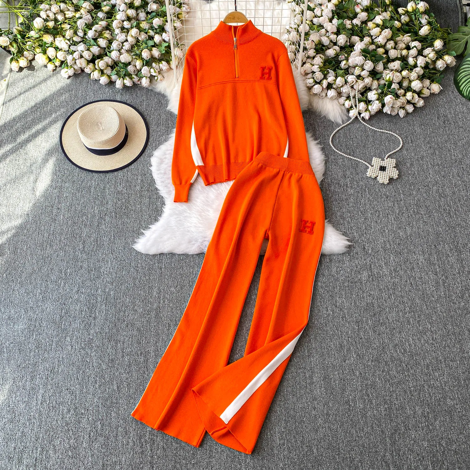 

Повседневный вязаный комплект, женский зимний модный облегающий брюки с высокой талией, широкие брюки, трикотаж с воротником-стойкой на молнии, удобный теплый