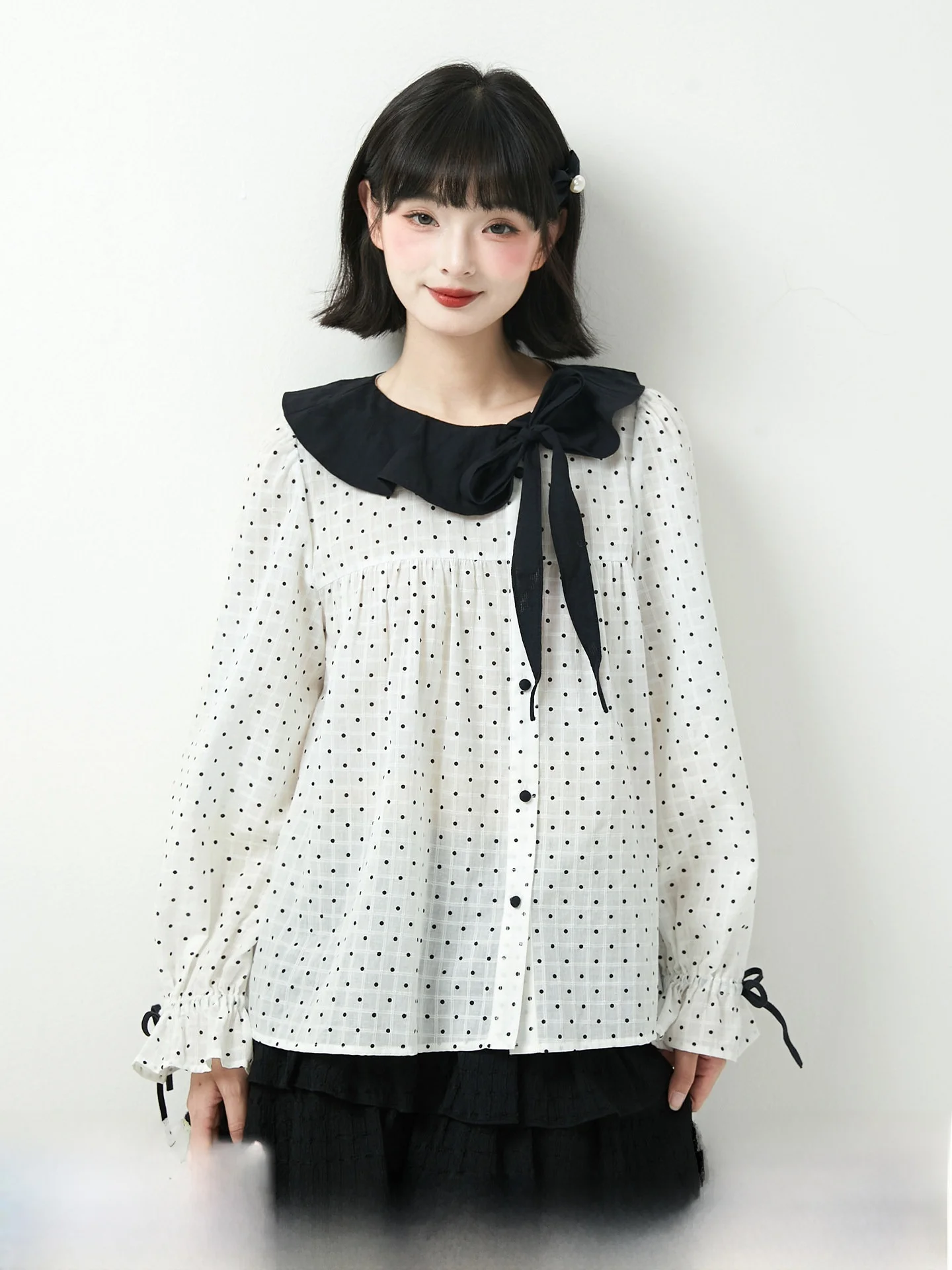 

Черно-белая блузка в горошек с асимметричным воротником и узлом, длинный рукав, весенняя коллекция, женская, свободного кроя, Co...