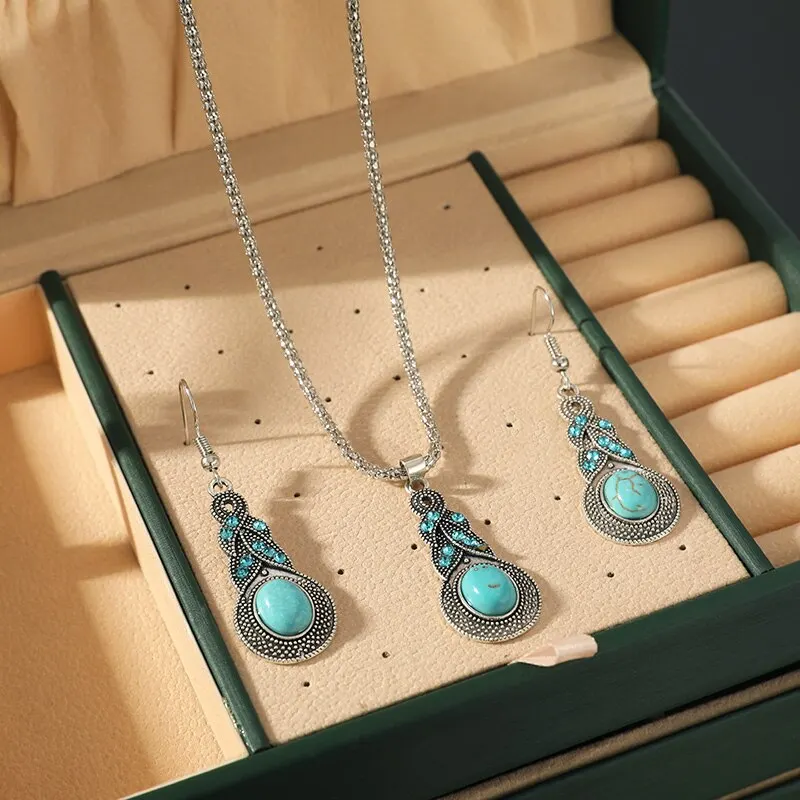 3pcs Necklace Earrings Set For Men And Women Vintage Style Blue Crystal Inlaid Turquoise Pendant With Lantern Chain Jewelry image 5