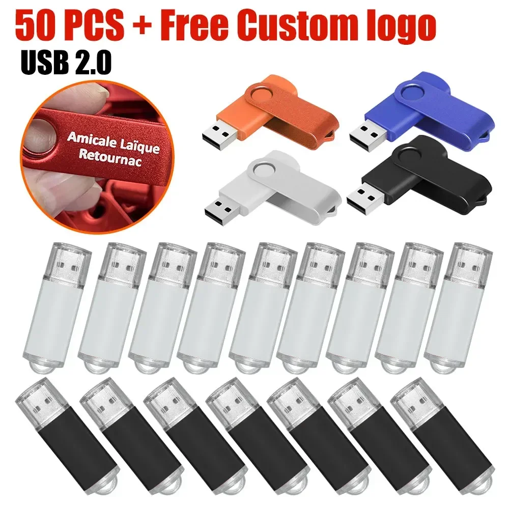 Unidad Flash USB de 50 piezas, 4G, 8GB, 16GB, 32GB, 64GB, 128GB, 1GB, 2GB, logotipo personalizado gratis