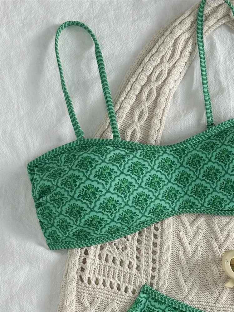 Sexy Bandeau Bikini 2025 femmes vert imprimé fleuri Push Up rembourré string maillot de bain été maillot de bain deux pièces maillots de bain Biquini