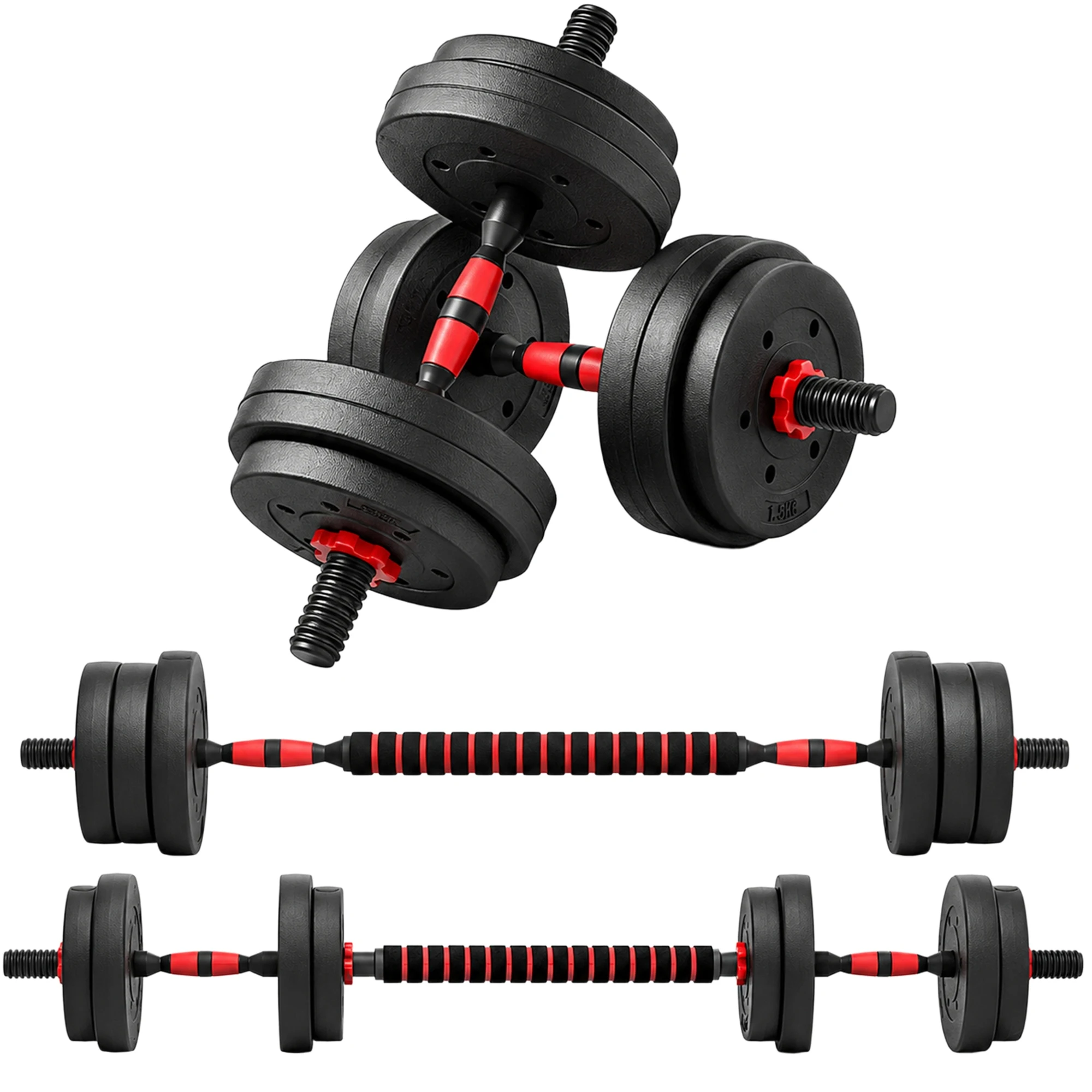 Homcom verstelbare set haltergewichten, 2-in-1, 15 kg, set met verbindingsstang en antisliphandgrepen, gewichten en halteren voor mannen en vrouwen, voor fitnessoefeningen, geschikt voor thuisgebruik.