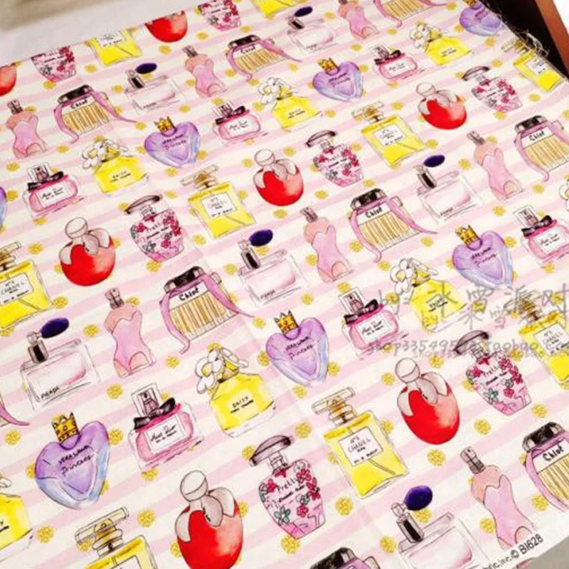 Beautiful Pink Stripe Bottom 100%Cotton Fabric Various Perfume Bottle Patterns Print Sewing Material DIY Girl\'s Dress/Clothing