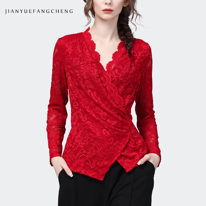 Sexy Skinny Ladies Red Lace Top 2023 Spring Summer Women Top Long Sleeve V-Neck Hook Flower Hollow Casual Bottoming Shirts