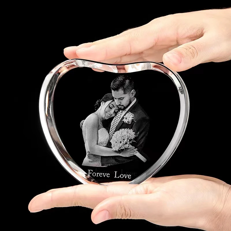 Personalized Heart Shaped Crystal Photo Frame Custom Laser Engraving Baby Family Pets Picture Souvenir Gift Home Decoration