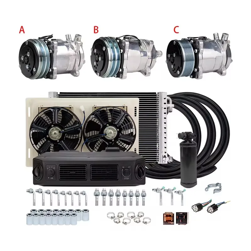 Universal Automotive 12V 24V A/C Air Conditioning Kit for Truck Minibus Van Tractor Digger RV Excavator AC Air Conditioner