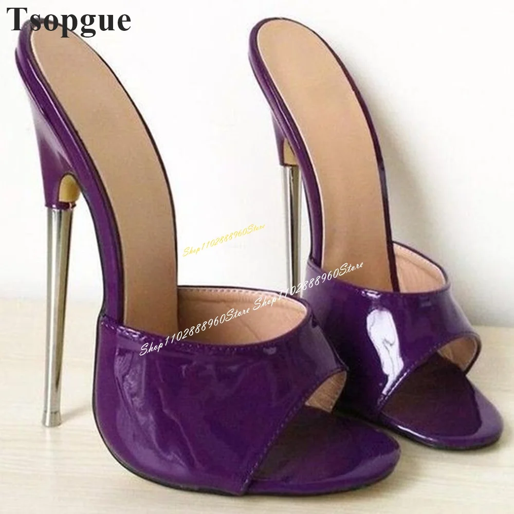 Chinelos de couro roxo para mulheres, salto de metal, sapatos finos de salto alto, peep toe, moda luxuosa, 2024