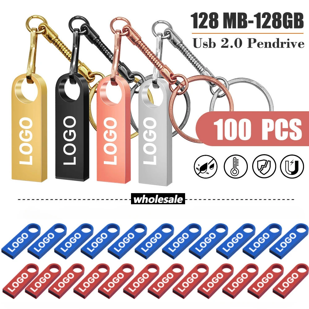 

100Pcs/Lot Free Custom LOGO USB Flash Drive 2GB 4GB 8GB 2.0 Pen Drive 16GB 32GB 64GB Pendrive Metal Cle Usb Sticks Business Gift