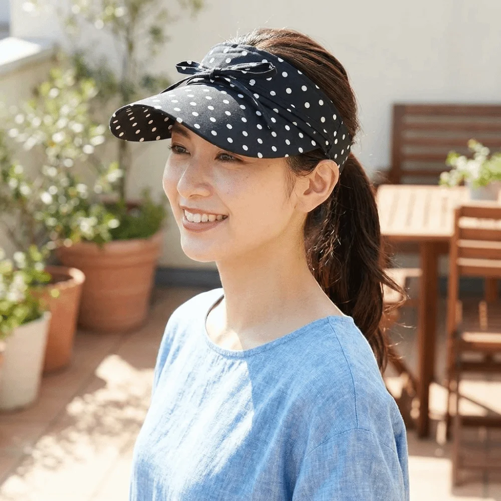Fashion Polka Dot Visor Hat Bow Decor Polyester Empty Top Hat Wide Brim Korean Style Women Cap Outdoor Travel Beach