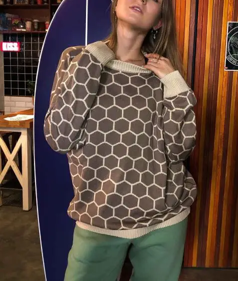 

Осень-зима 2025 г., новый свободный и универсальный клетчатый пуловер, свитер с круглым вырезом, медовый свитер с круглым вырезом