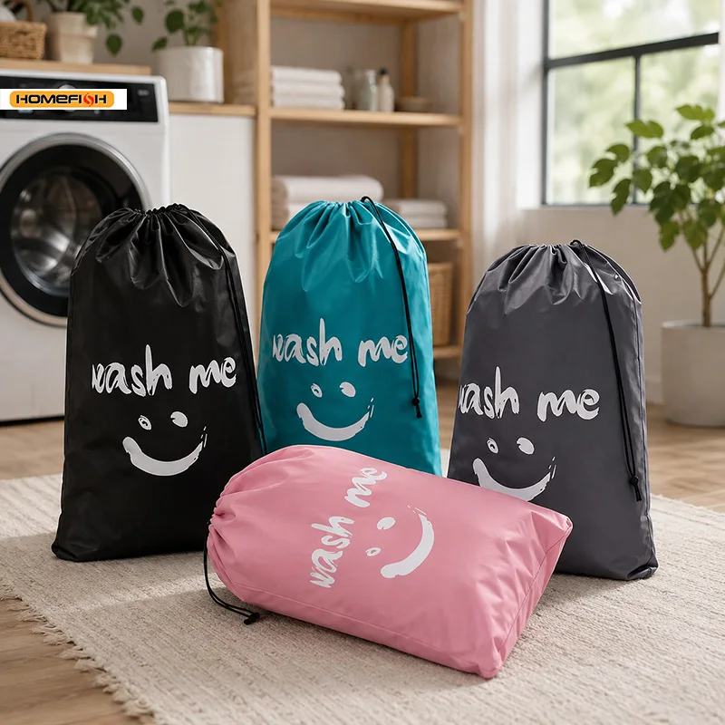 HOMEFISH Smiley Print Drawstring Laundry Bag, Dirty Clothes Storage Pouch for Travel Home