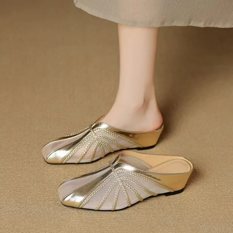 

Woman's Baotou Mesh Wedges Slippers Summer New Soft Sole Non Slip Fashionable Square Toe Outdoor Half Slippers Modern Sandals