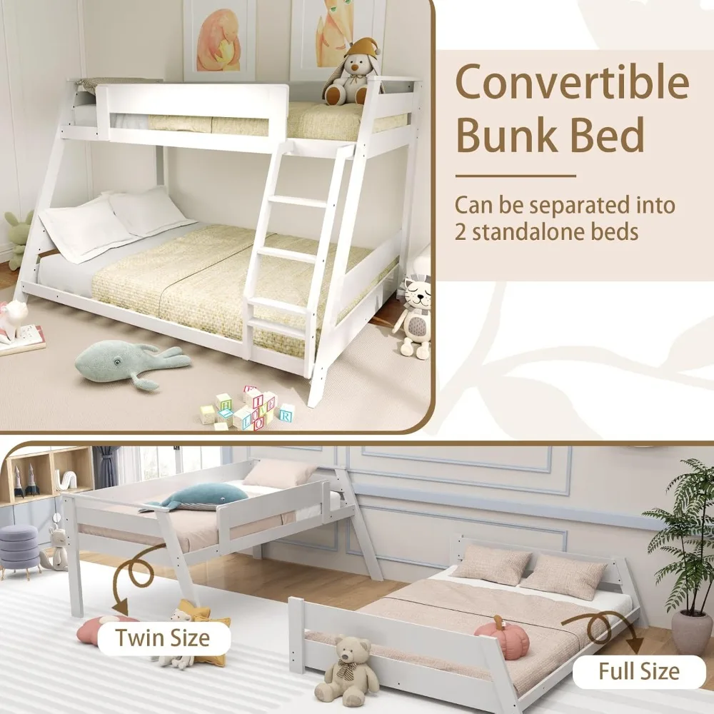 سرير خشبي مزدوج فوق سرير بطابقين كامل مع سلم قابل للعكس، وإطار سرير بطابقين خشبي مع دعامة شرائح ودرابزين أمان،